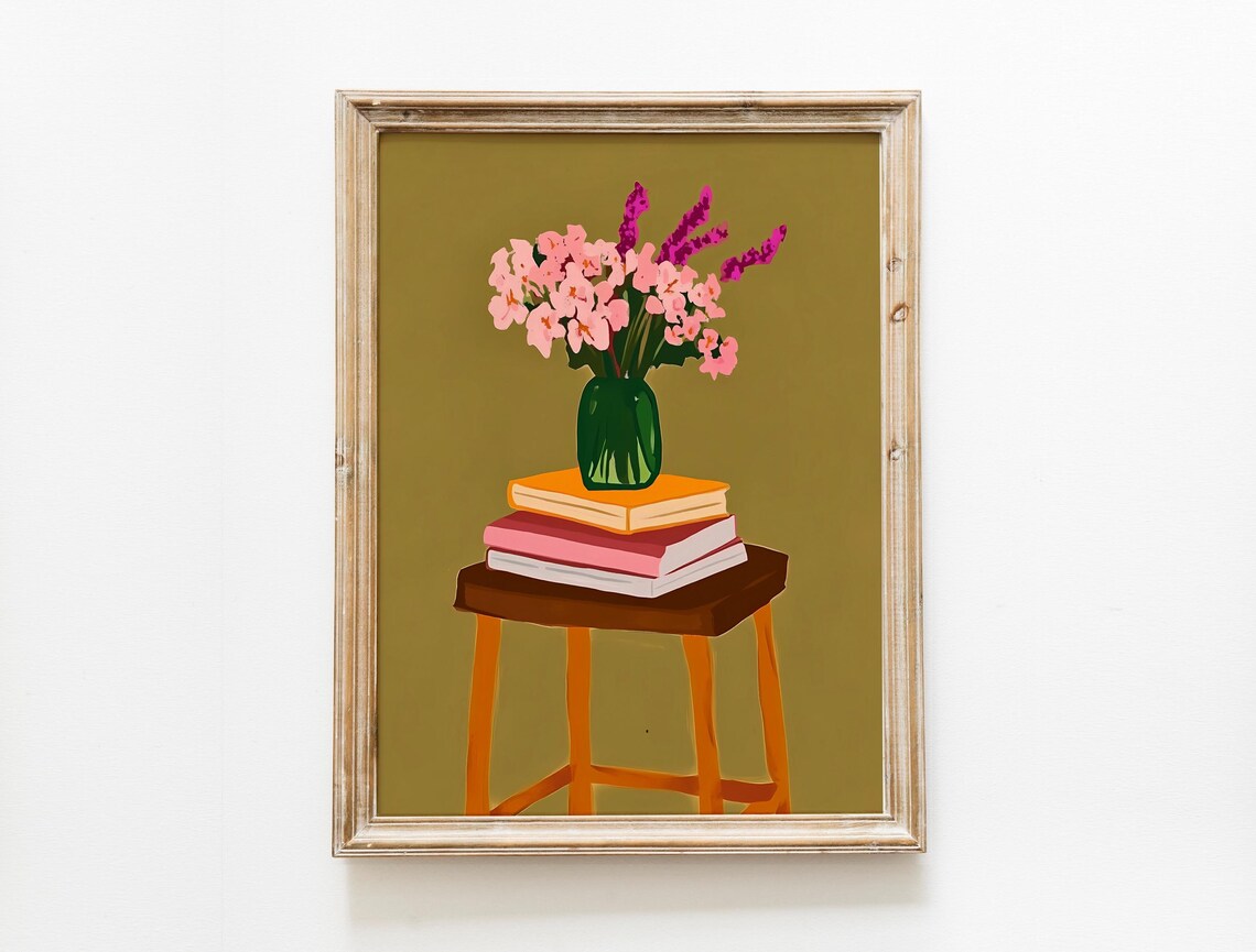Stack of Books with Flower Vase on Wooden Stool Still Life Poster