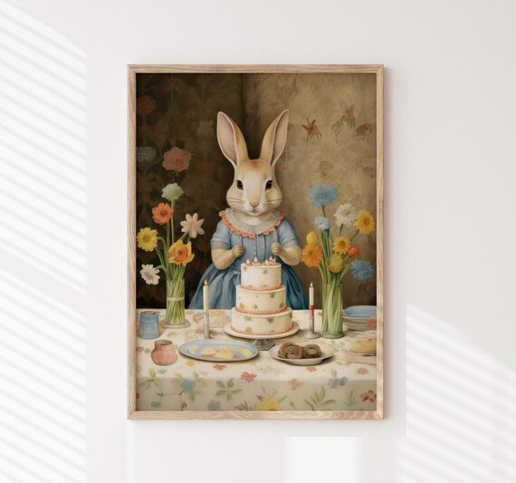 Rabbit Tea Party Nursery Print Whimsical Bunny Wall Art