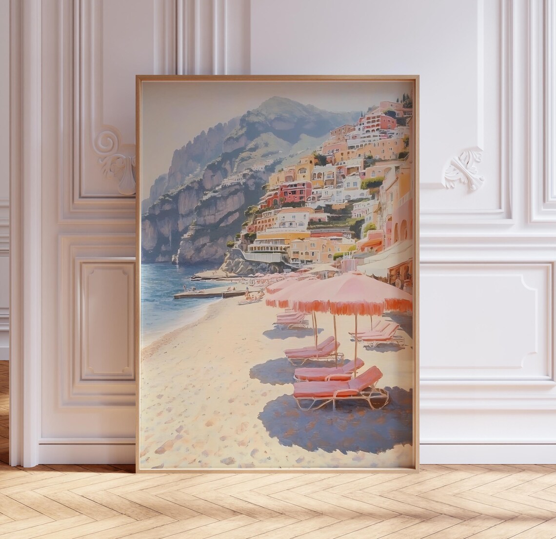 Amalfi Coast Pink Beach Umbrellas Retro Coastal Art Print