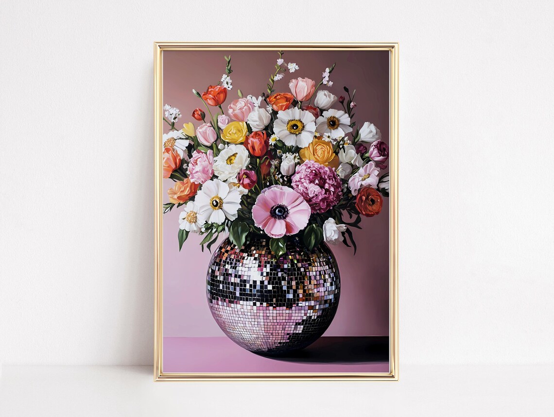 Disco Ball Vase With Flowers, Retro Floral Art Print