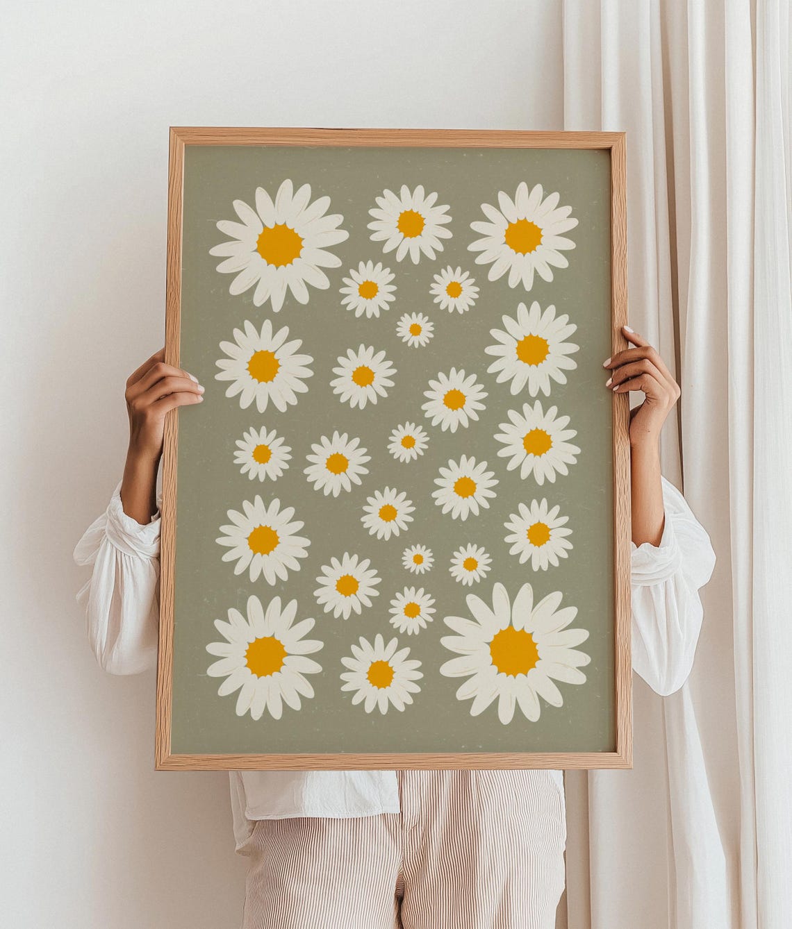 Daisy Flowers Print Sage Green Floral Daisies Art White Botanical Illustration Wall