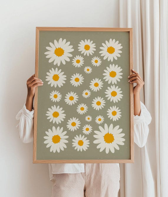 Daisy Flowers Print Sage Green Floral Daisies Art White Botanical Illustration Wall