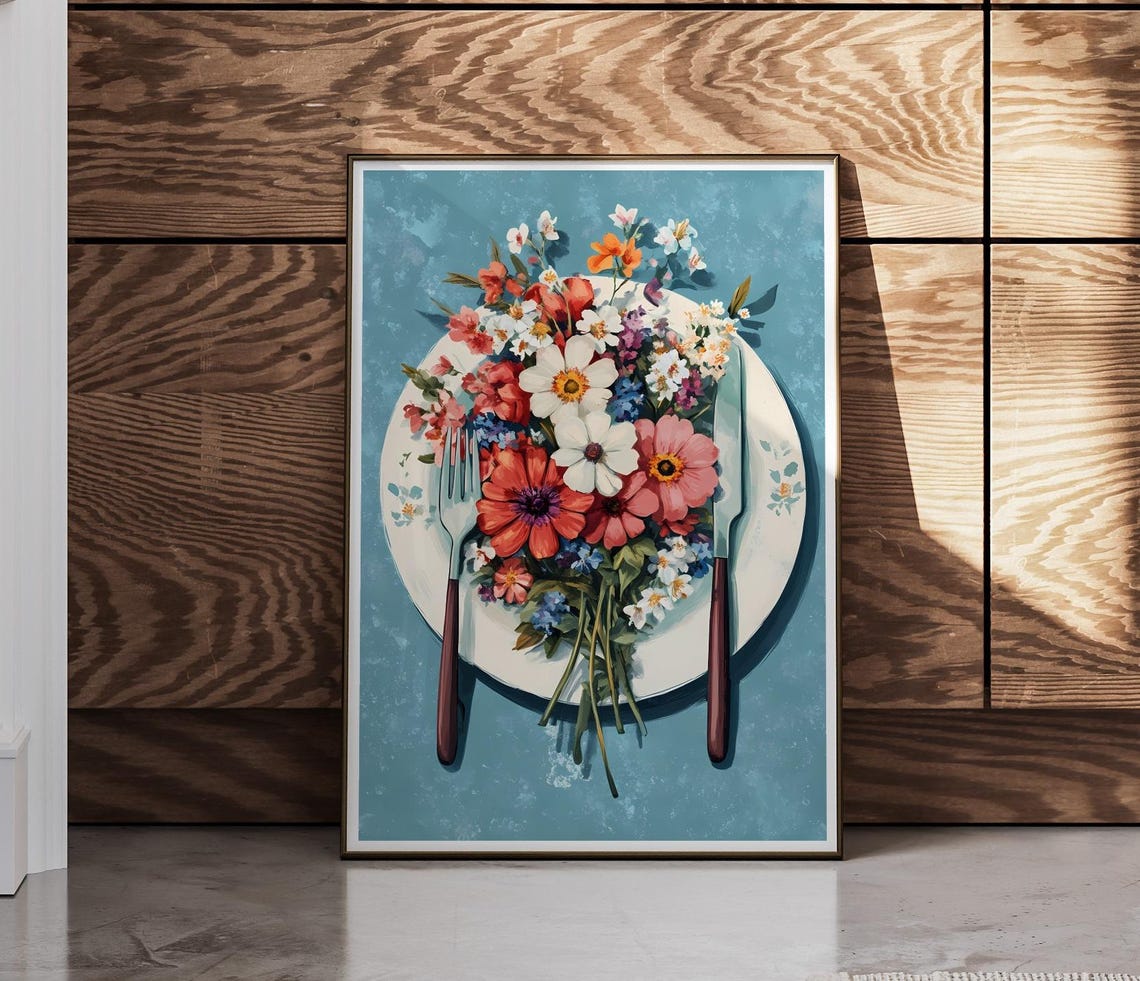 Wildflower Bouquet On Dinner Plate Whimsical Blue Kitchen Poster