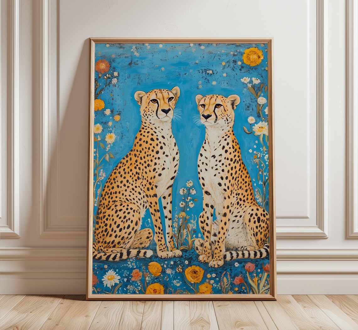 Two Cheetahs Blue Floral Maximalist Wildlife Painting Poster