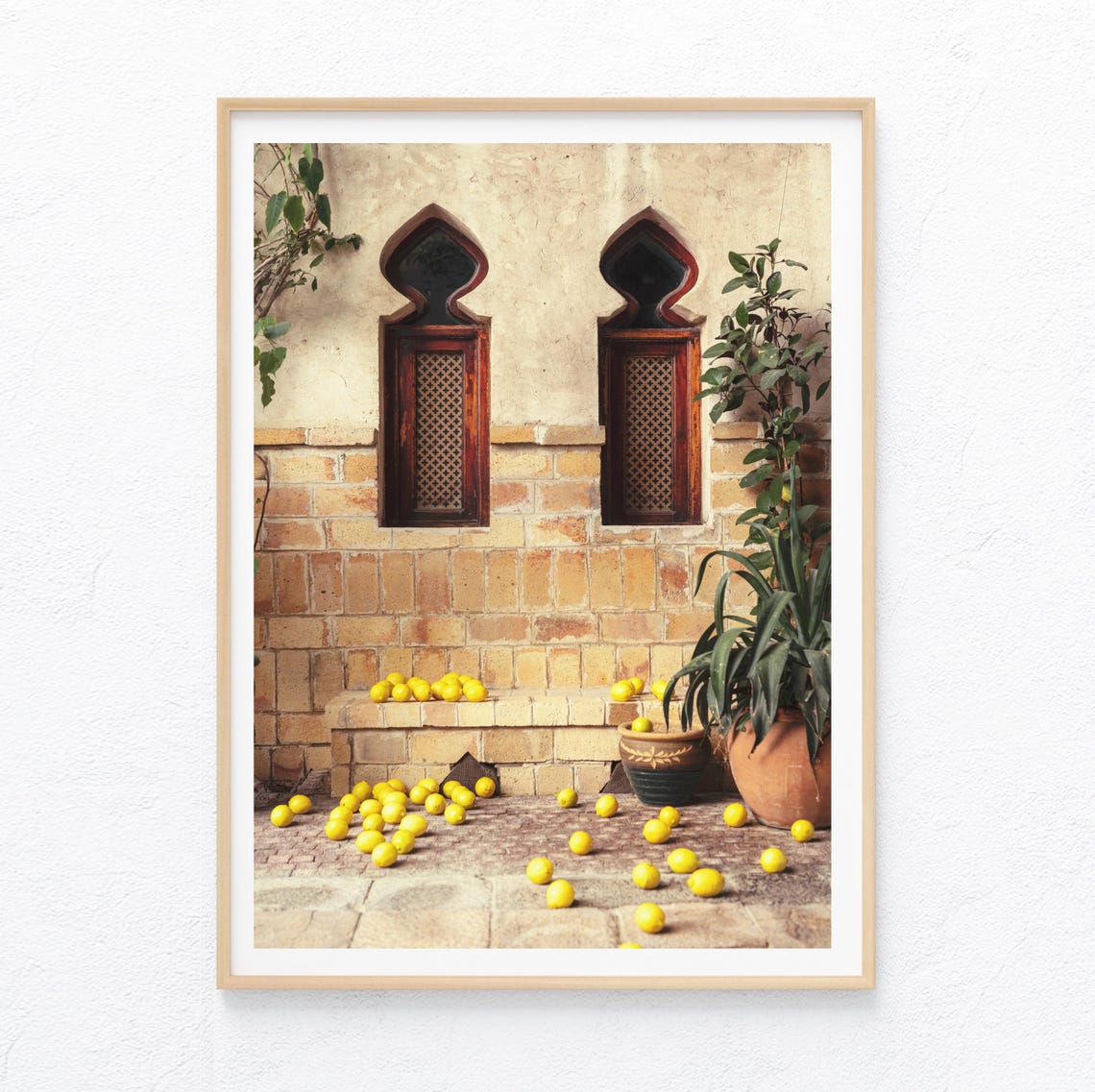 Moroccan Sunlit Courtyard Scattered Lemons Arched Windows Photo Poster