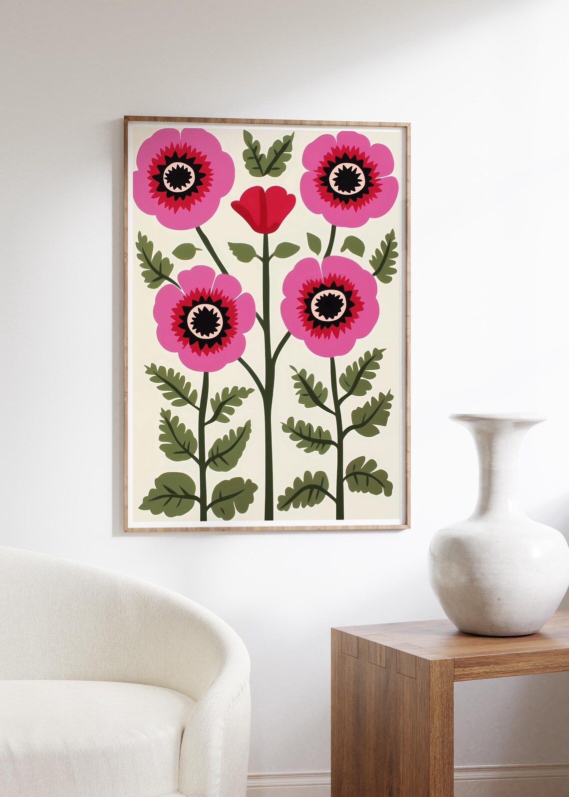 Poppies Floral Wall Art Print Abstract Pink Green Flowers Poster