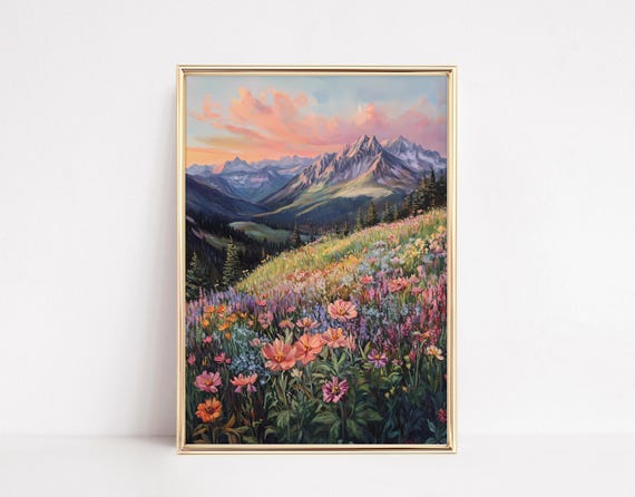 Wildflowers Meadow Mountain Painting Abstract Scenery Print Muted Nature Wall Art