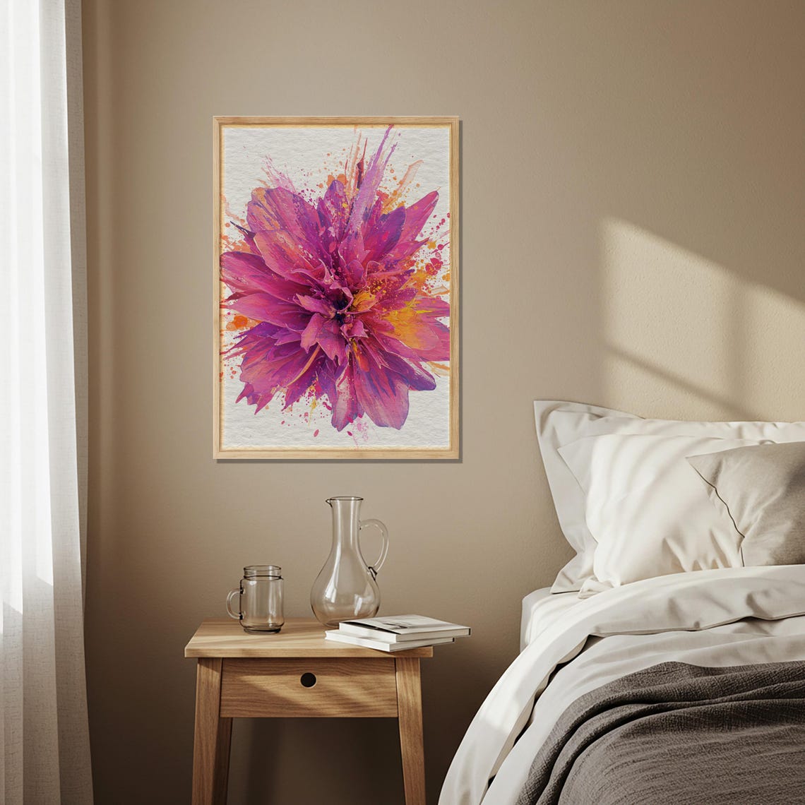 Magenta Watercolor Floral Burst Abstract Botanical Splash Wall Art