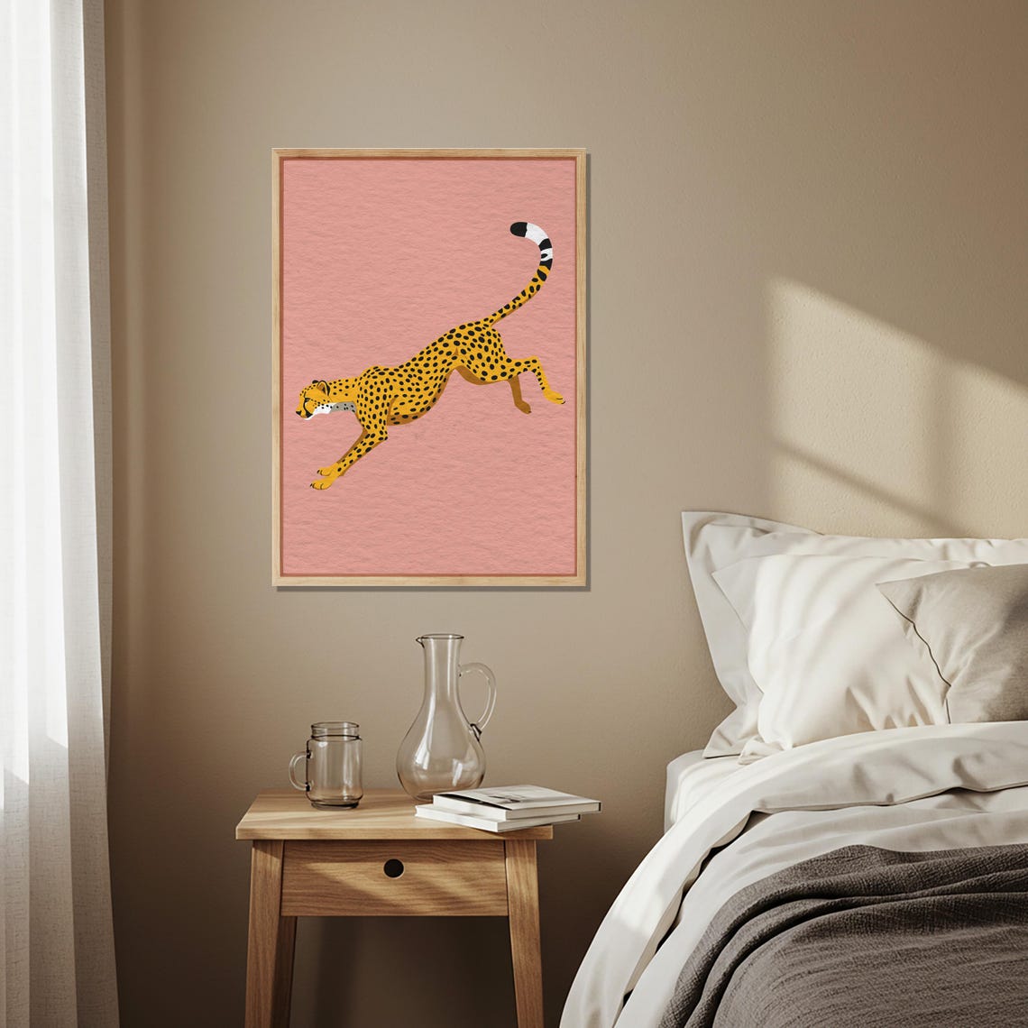 Leaping Spotted Cheetah On Pink Background Jungle Animal Wall Art