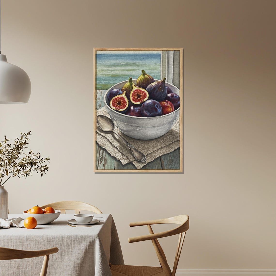 Rustic Fig and Plum Bowl Still Life Mediterranean Kitchen Wall Art
