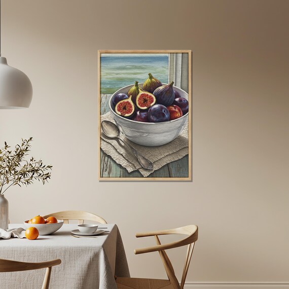 Rustic Fig and Plum Bowl Still Life Mediterranean Kitchen Wall Art