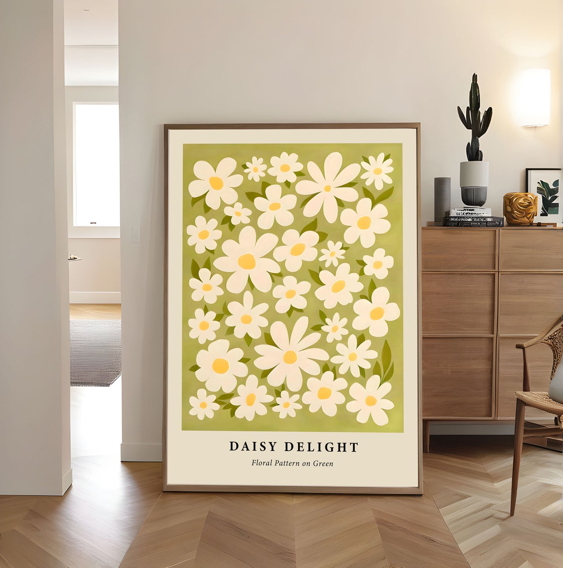 Daisy Delight White Floral Pattern Green Background Art Poster