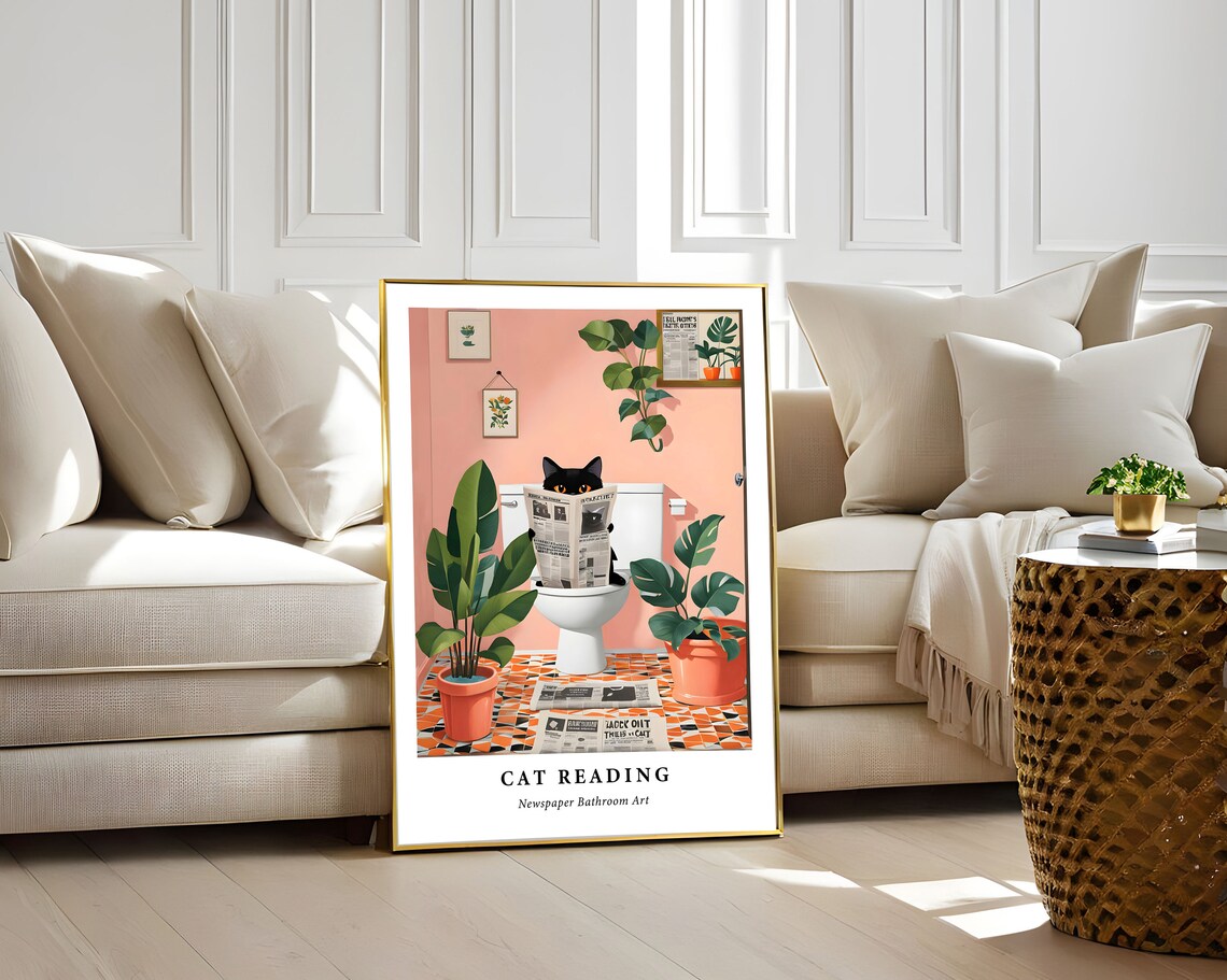 Black Cat Reading Newspaper on Toilet Funny Bathroom Decor Wall Art - Image 3