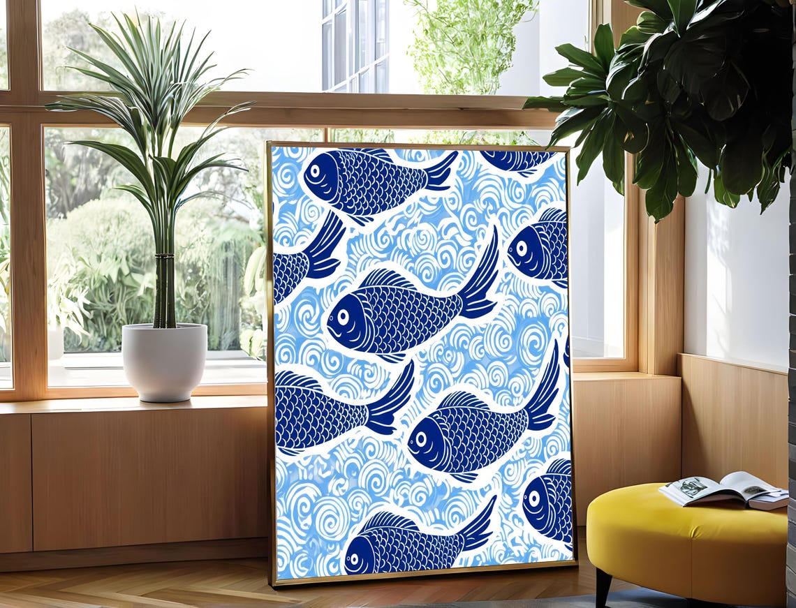 Blue Fish Swirling Waves Japanese Style Pattern Blue Art Poster - Image 4
