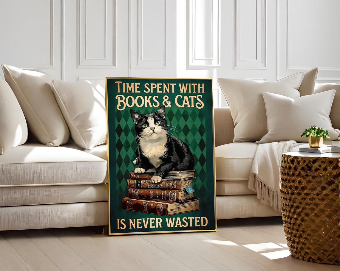 Time Spent With Books and Cats Tuxedo Cat Vintage Quote Art Poster - Image 2