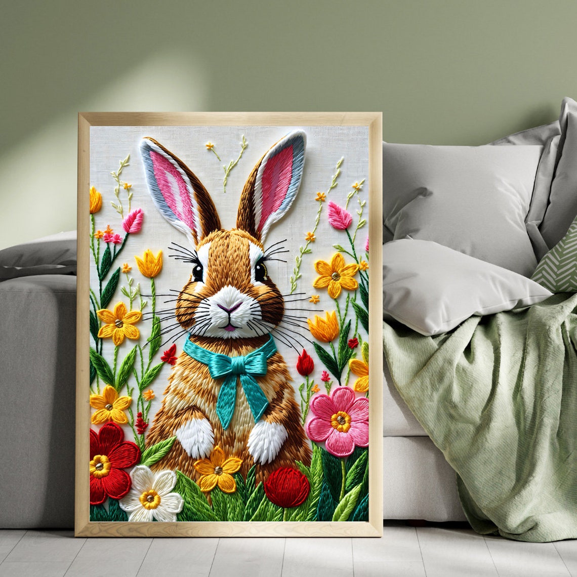 Cute Embroidered Bunny Rabbit With Blooming Flower Garden Poster - Image 4