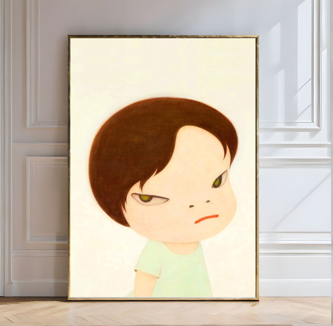 Yoshitomo Nara Sulky Boy in Green Shirt Moody Child Portrait Wall Art