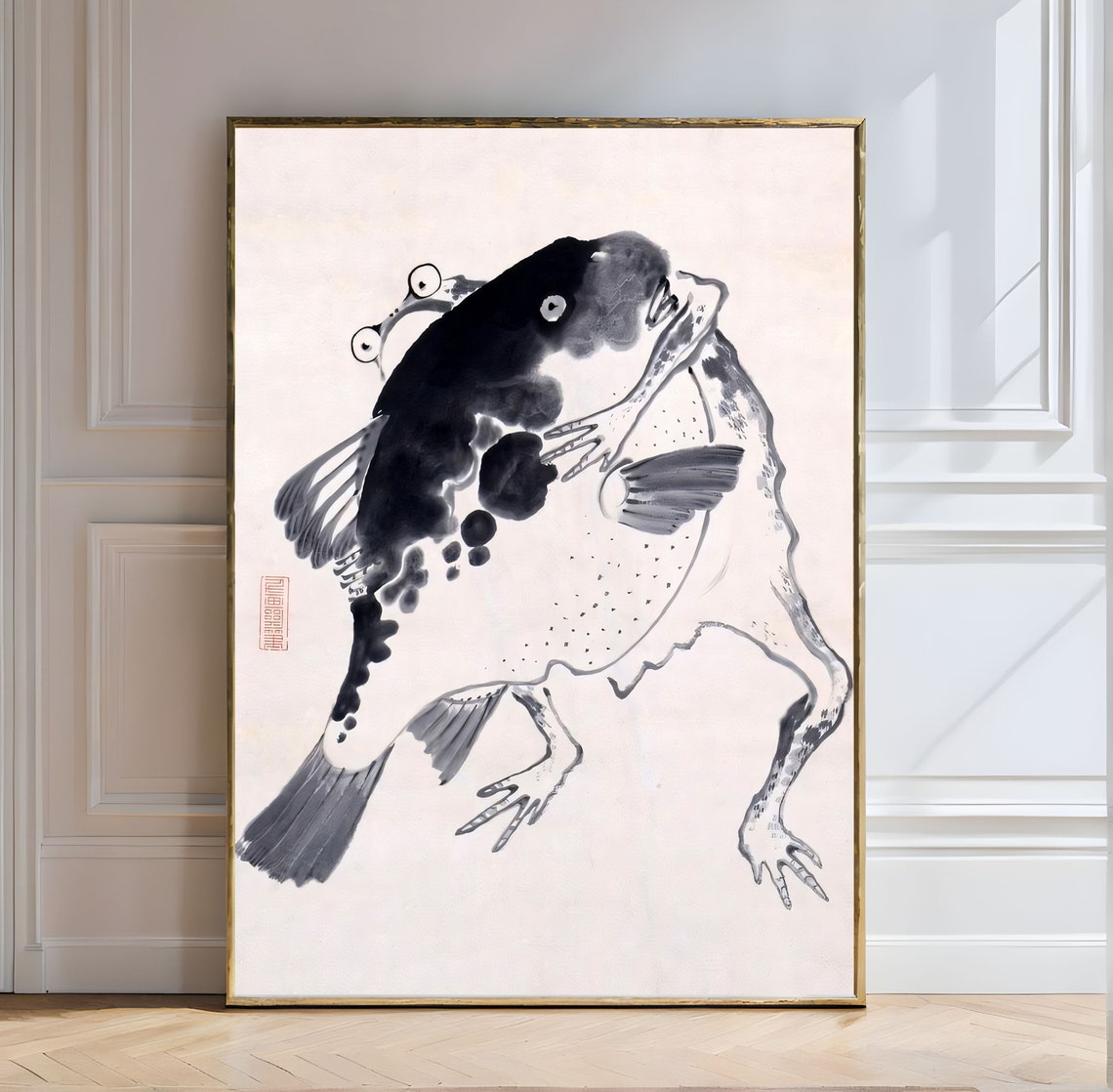 Ito Jakuchu Frog Riding Pufferfish Ink Wash Japanese Art Poster