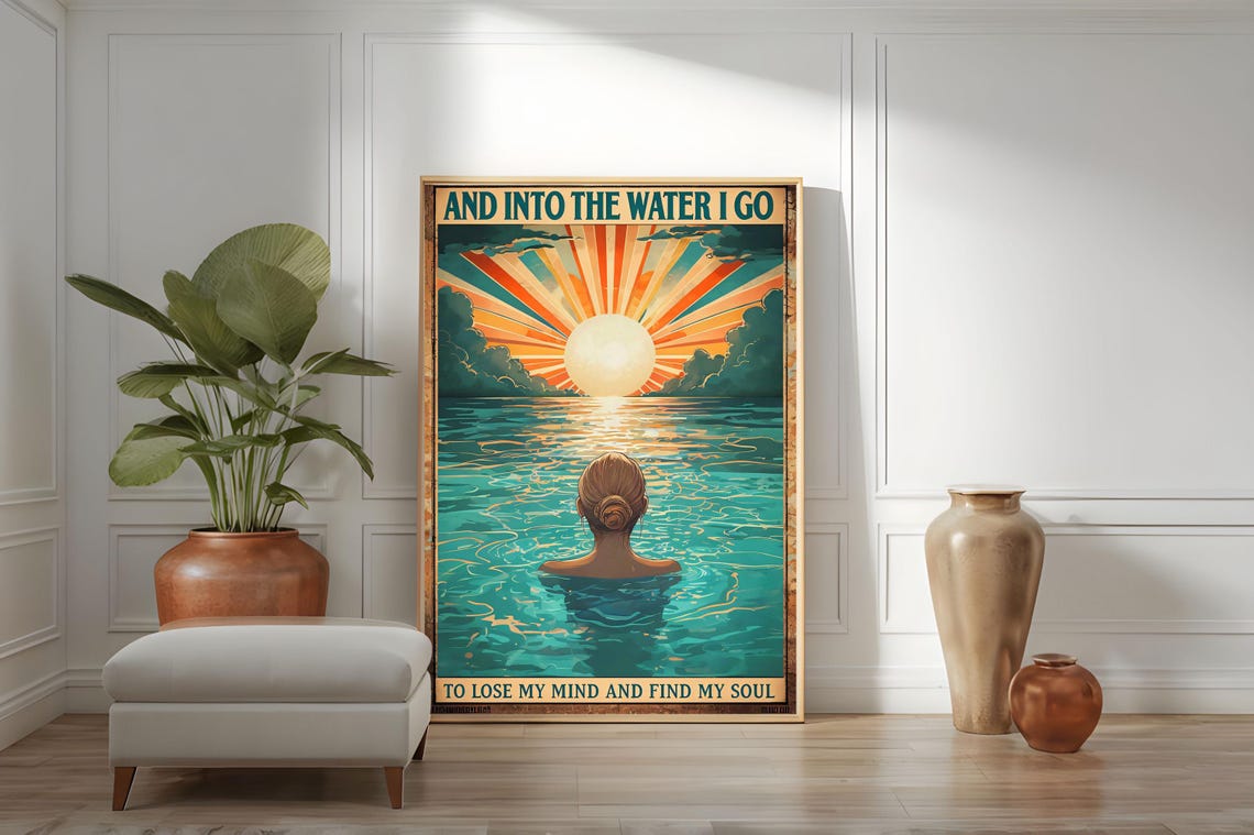 And Into the Water I Go Retro Sunburst Swimmer Vintage Soul Poster - Image 2