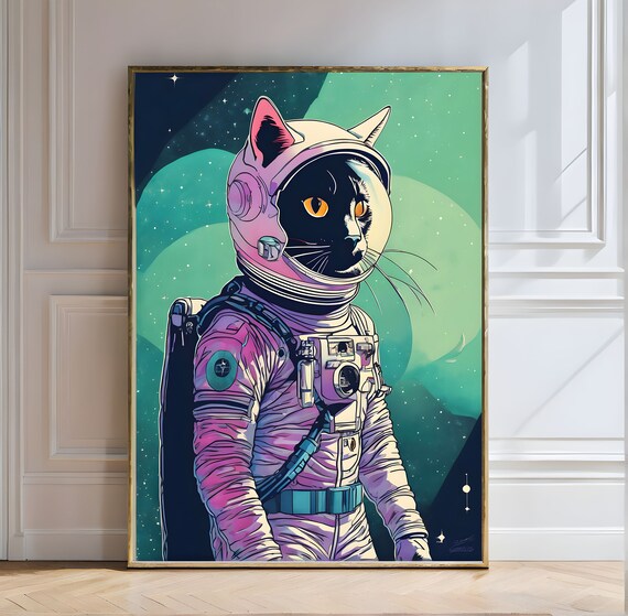 Space Cat Astronaut Retro Futuristic Style Galaxy Portrait Poster