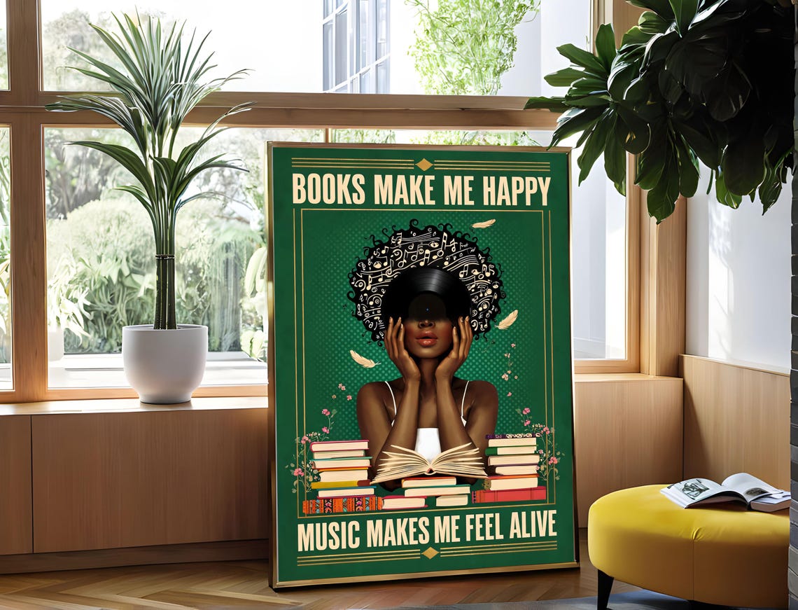 Books Make Me Happy Music Makes Me Feel Alive Retro Art Poster - Image 4
