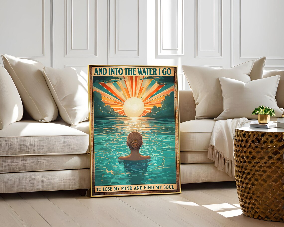 And Into the Water I Go Retro Sunburst Swimmer Vintage Soul Poster - Image 3