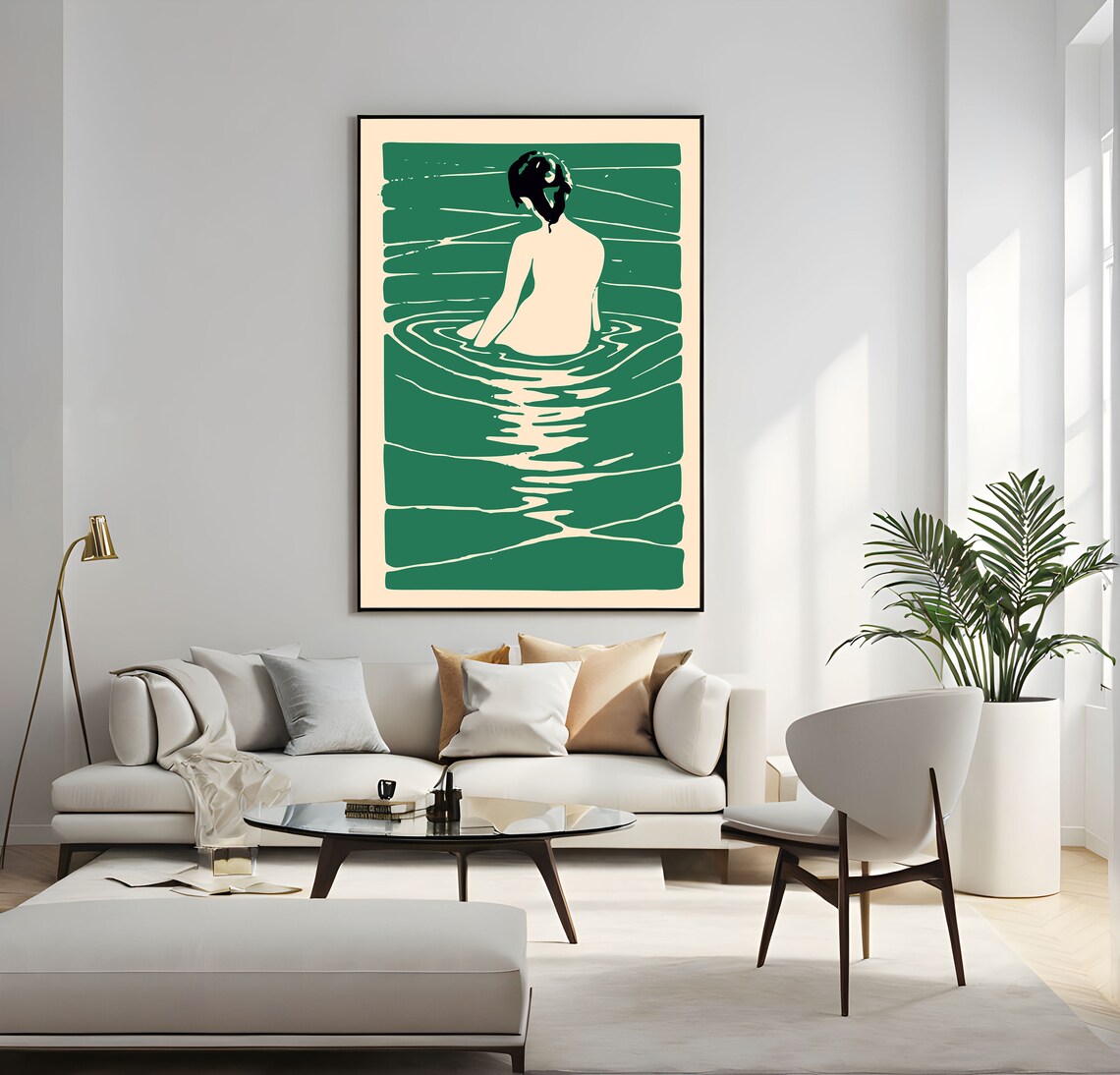 Japanese Woodblock Woman Bathing Emerald Water Minimalist Poster - Image 3