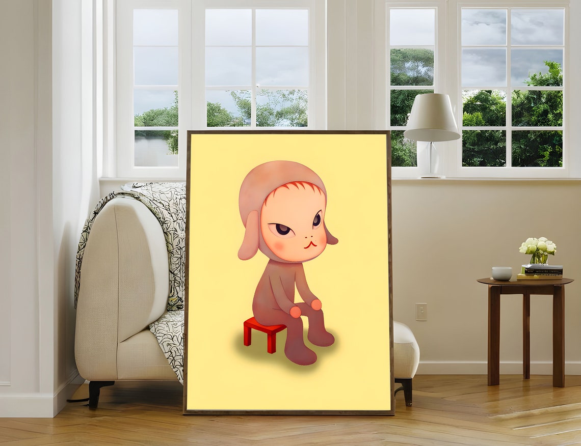 Yoshitomo Nara Whimsical Child Sitting on Red Stool Yellow Poster - Image 2