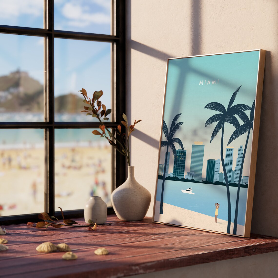 Miami Florida Skyline Beach Palm Trees Yacht Sunset Travel Poster - Image 3