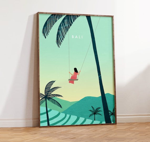 Bali Art Print Tropical Landscape With Swing Vintage Style Vacation Souvenir Palm Trees Home Decor Wall Art Poster