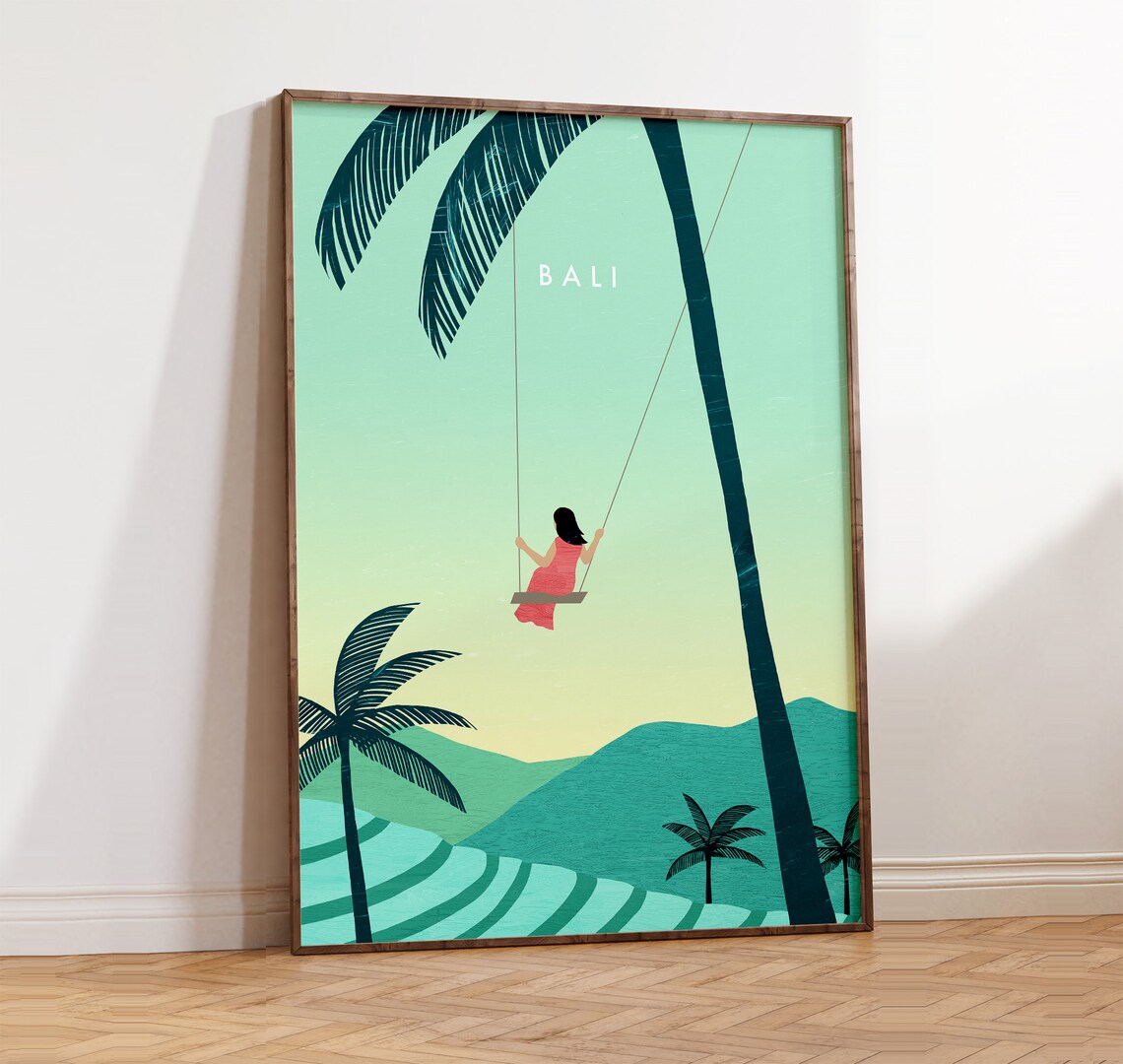 Bali Indonesia Jungle Swing Palm Trees Green Valley Travel Poster