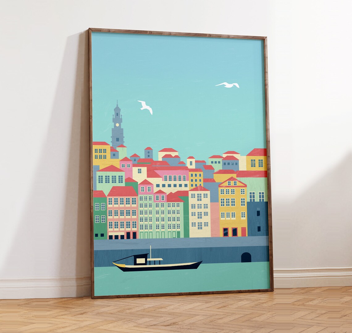 Porto Portugal Riverside Skyline Rabelo Boat City Travel Poster