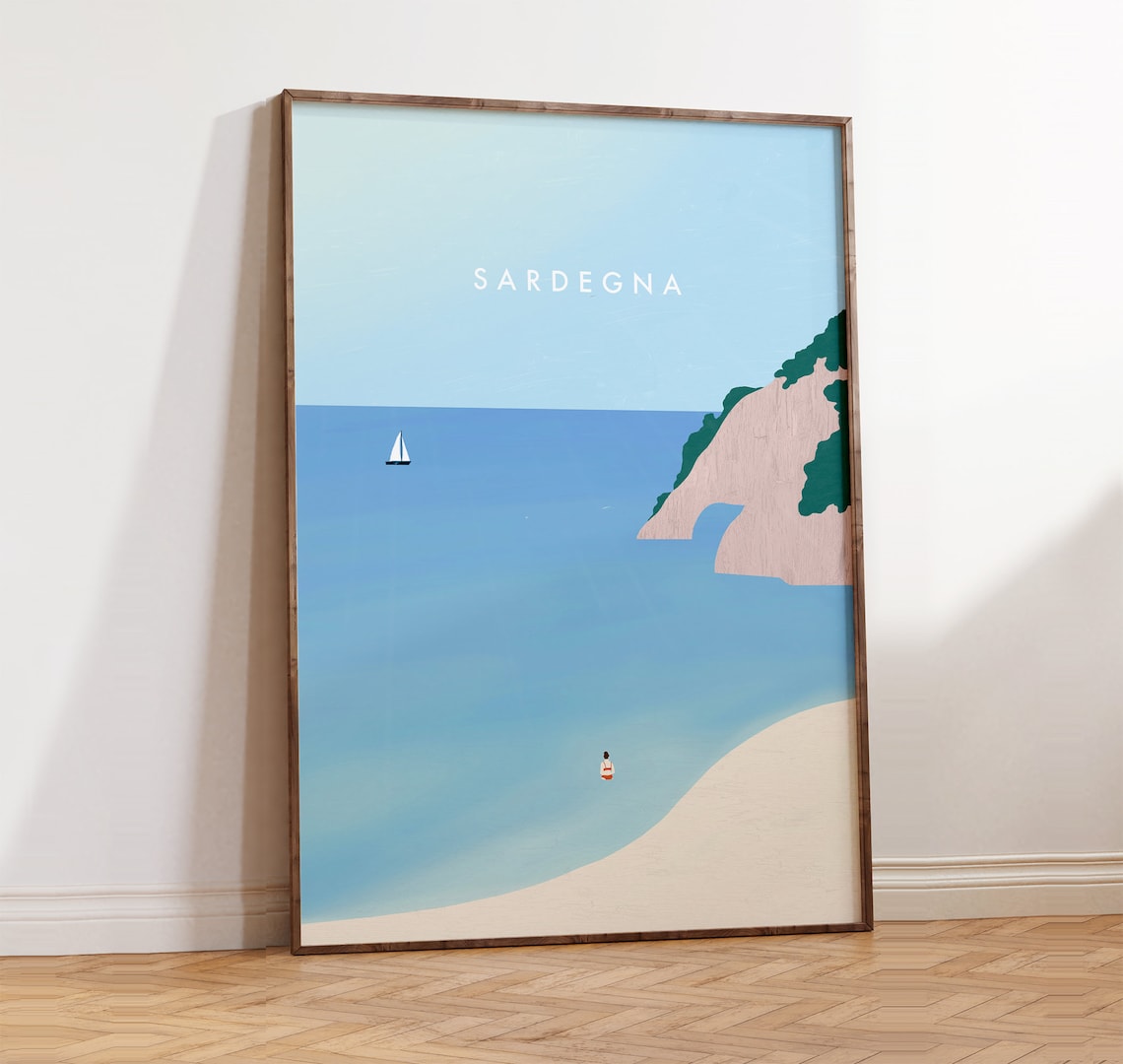 Sardinia Italy Sardegna Beach Cove Sailboat Minimalist Travel Poster