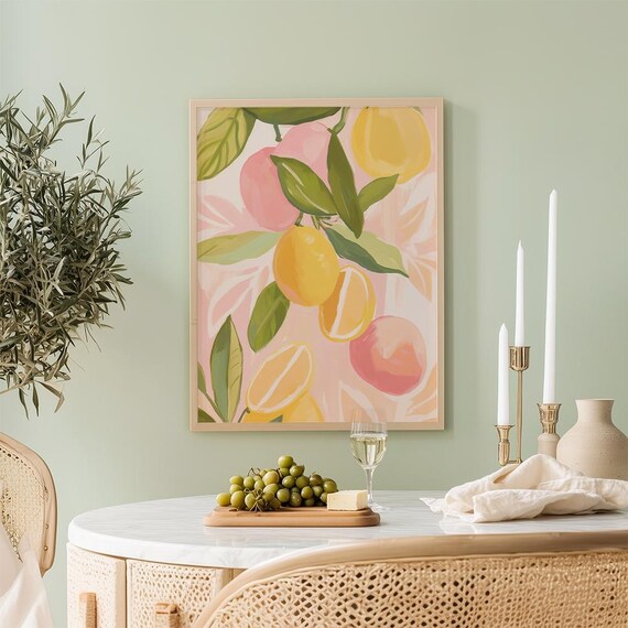Lemon Peach Watercolor Summer Kitchen Fruit Bright Citrus Art Poster