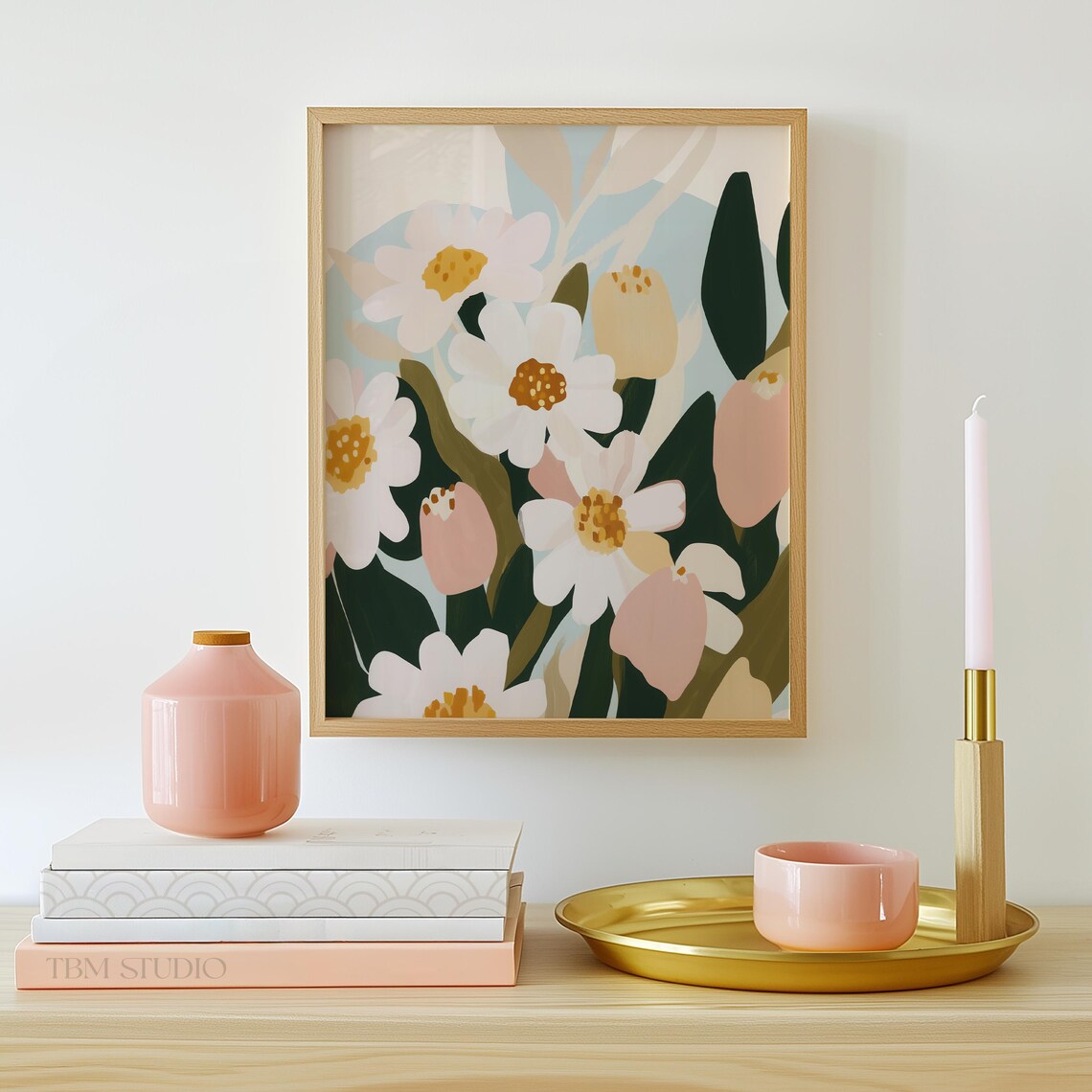 Modern Abstract White Blossoms Bold Green Leaves Floral Art Poster