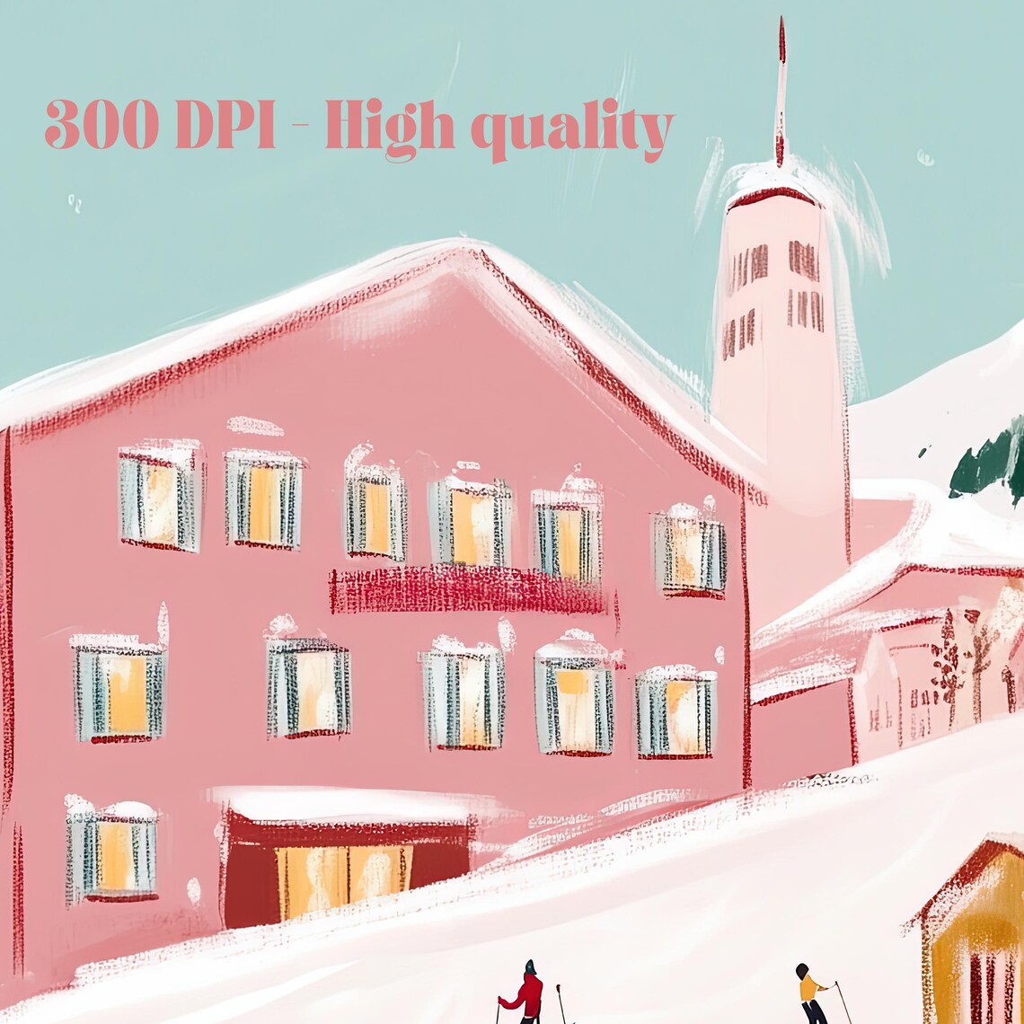 Ski Village with Colorful Chalets and Skiers Holiday Art Poster - Image 2