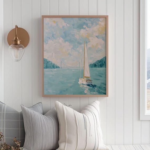 Pastel Sailboat Painting Coastal Bridge Seascape Art