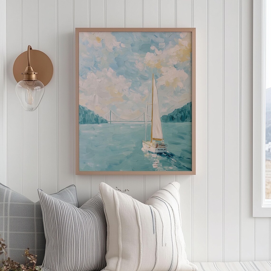 Pastel Sailboat On Calm Water Coastal Bridge Soft Seascape Art Poster