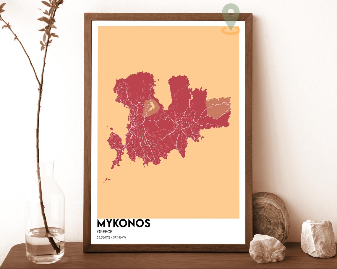 Mykonos Greece Aegean Island Bold Minimalist Mustard Yellow Map Poster - Image 5