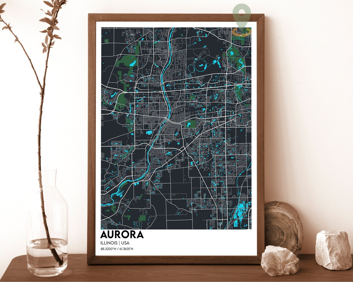 Aurora Illinois City Map Navy Golden River Street Grid Poster - Image 2