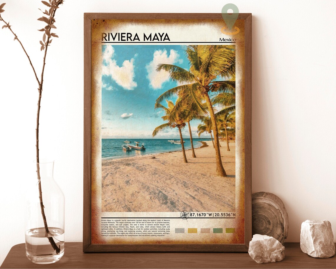 Riviera Maya Mexico Palm Beach Turquoise Sea Boats Travel Poster - Image 6