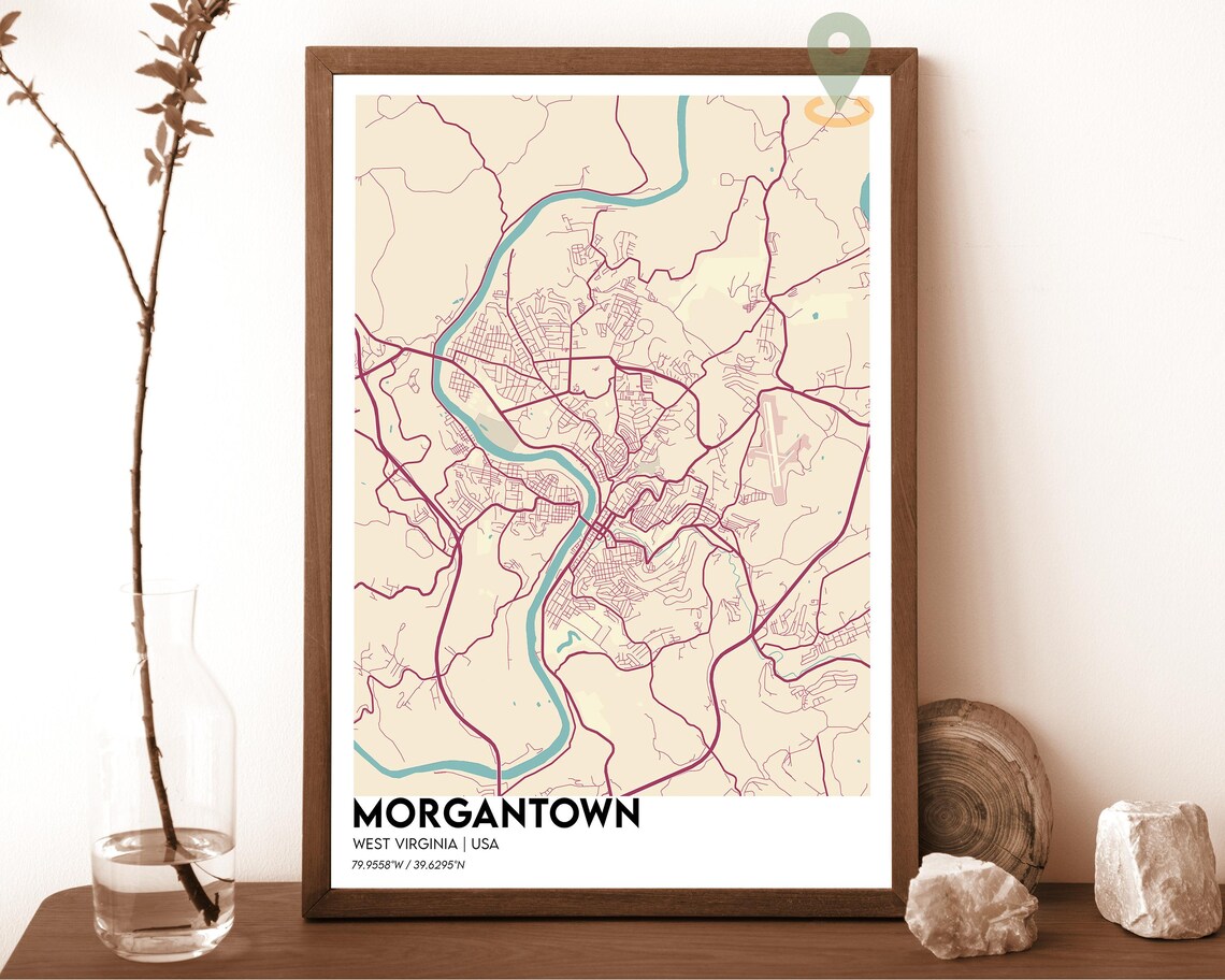 Morgantown West Virginia navy with a yellow river Street Map Coordinates Poster - Image 6