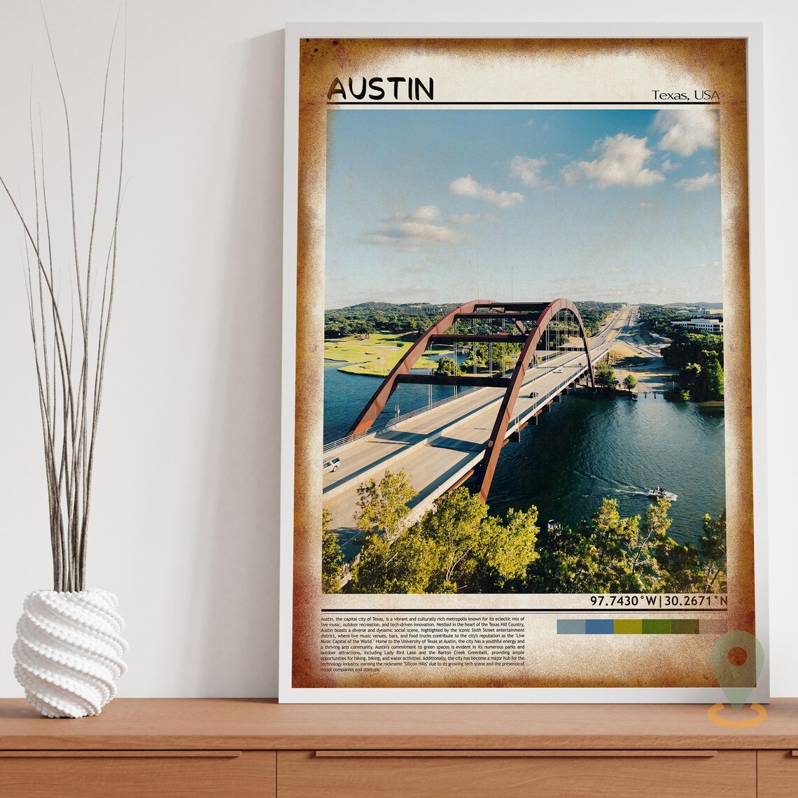 Austin Texas Pennybacker Bridge Aerial River Cityscape Travel Poster - Image 3