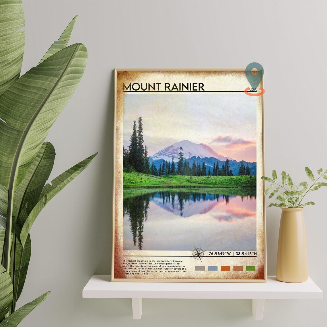 Mount Rainier USA Snow Peak Lake Reflection Wildflower Travel Poster - Image 2