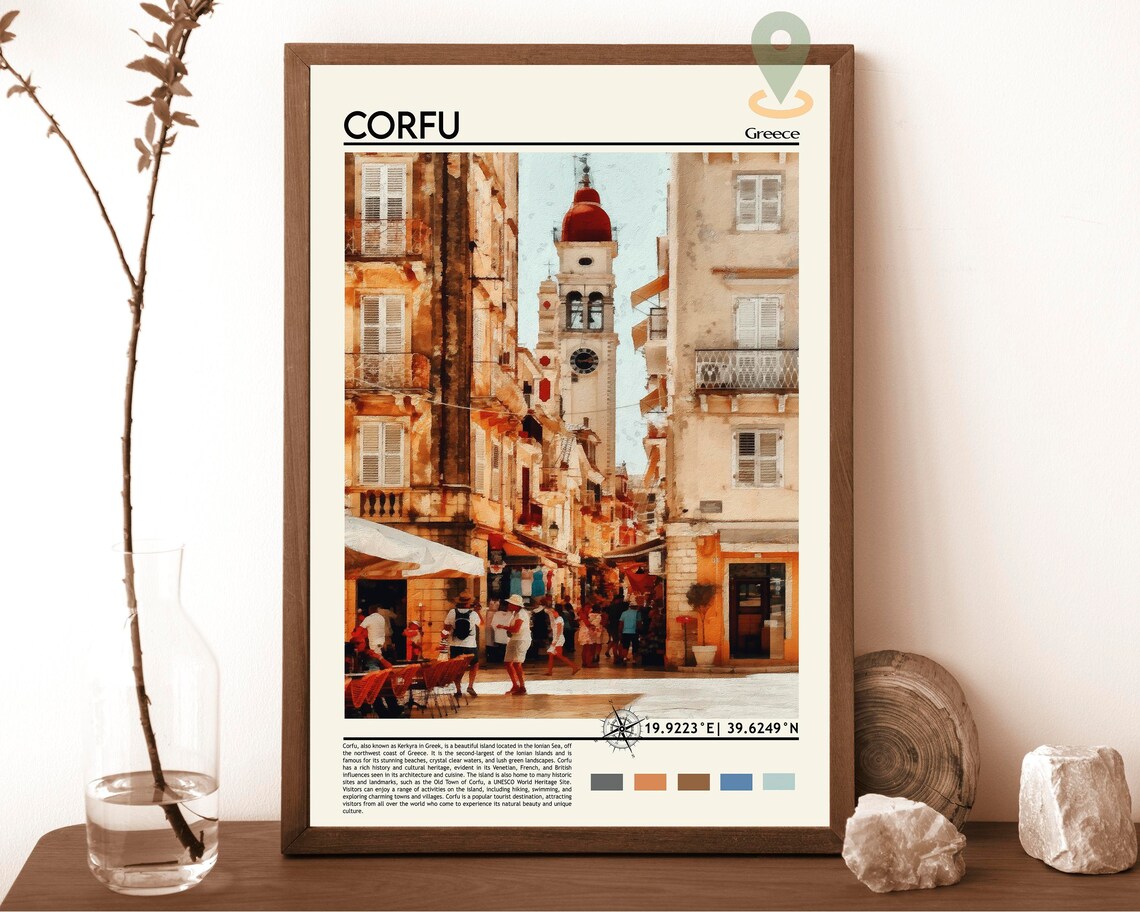 Corfu Greece Old Town Bell Tower Street Golden Light Travel Poster