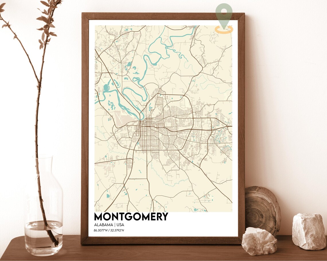 Montgomery Alabama crimson red with cream streets Street Map Coordinates Poster - Image 5