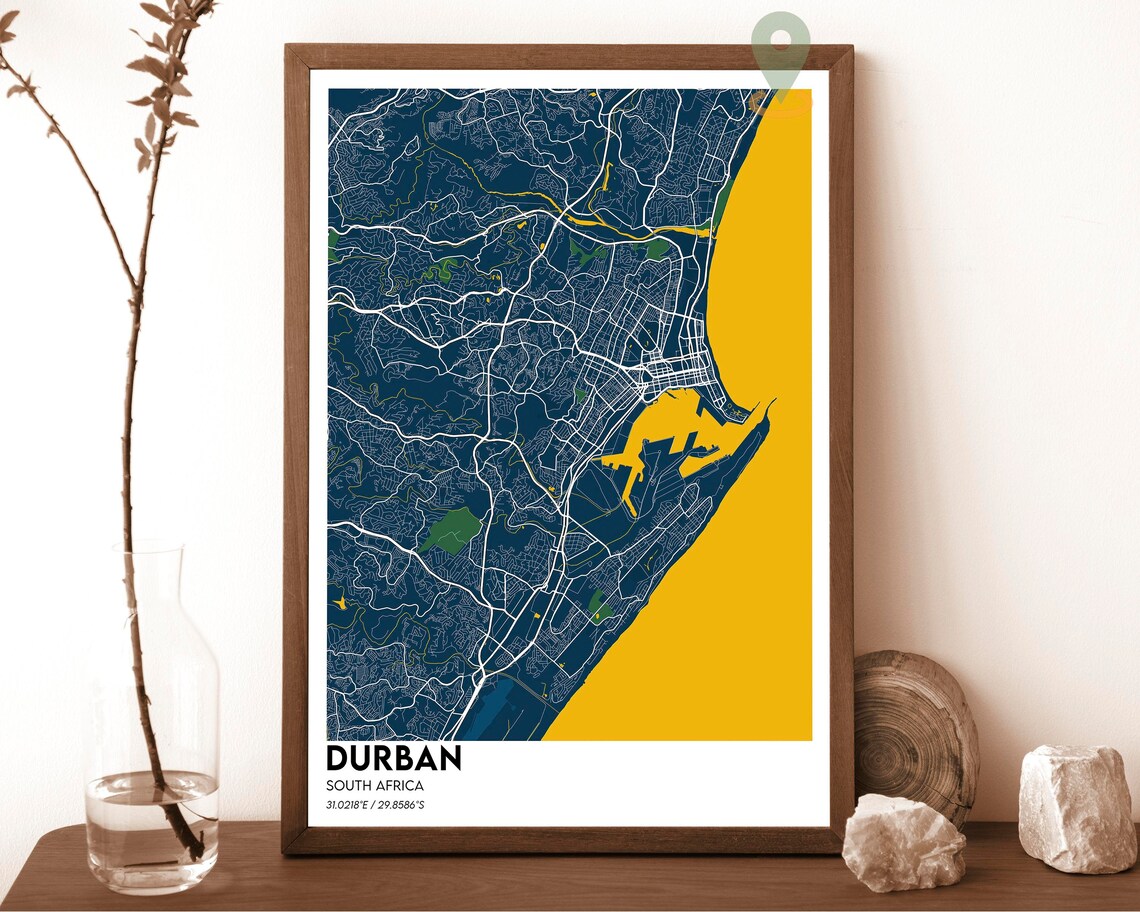 Durban South Africa City Street Map Navy Yellow Modern Art Poster
