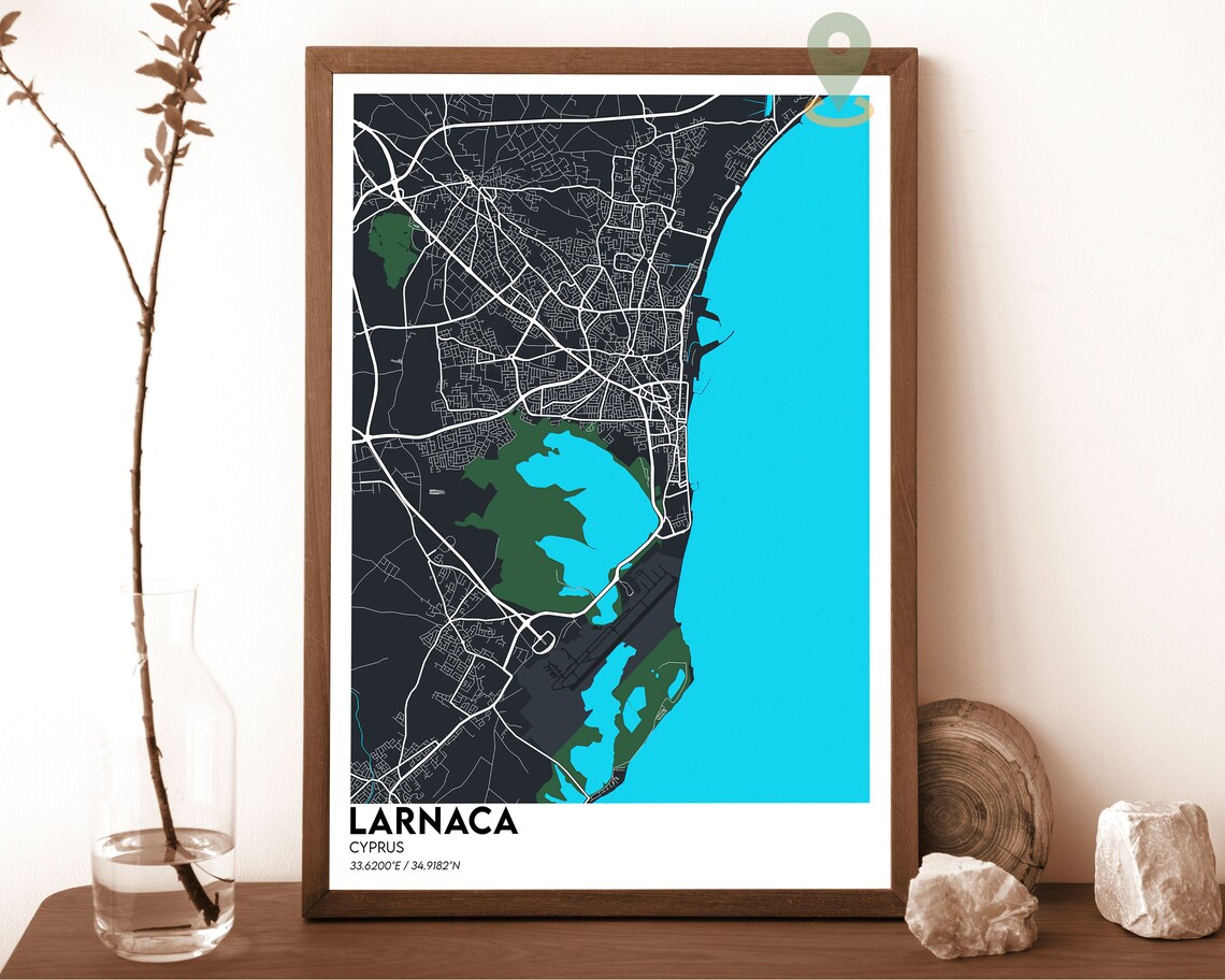 Larnaca Cyprus Dark Night Sea Coast Modern Street Map Art Poster