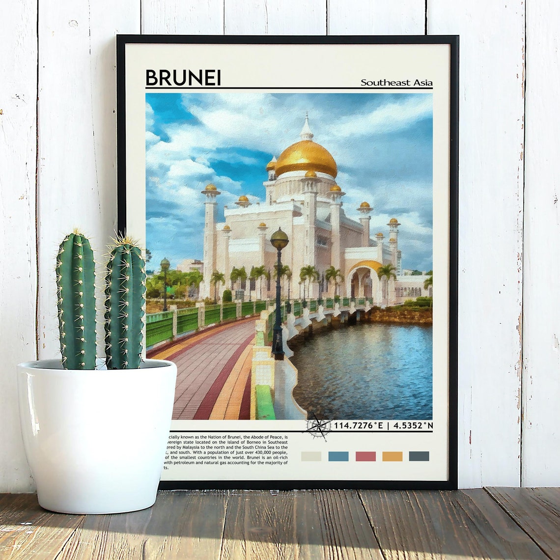 Brunei Southeast Asia Golden Dome Mosque Waterfront Painterly Poster - Image 3
