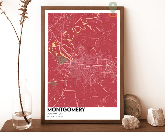 Montgomery Alabama crimson red with cream streets Street Map Coordinates Poster